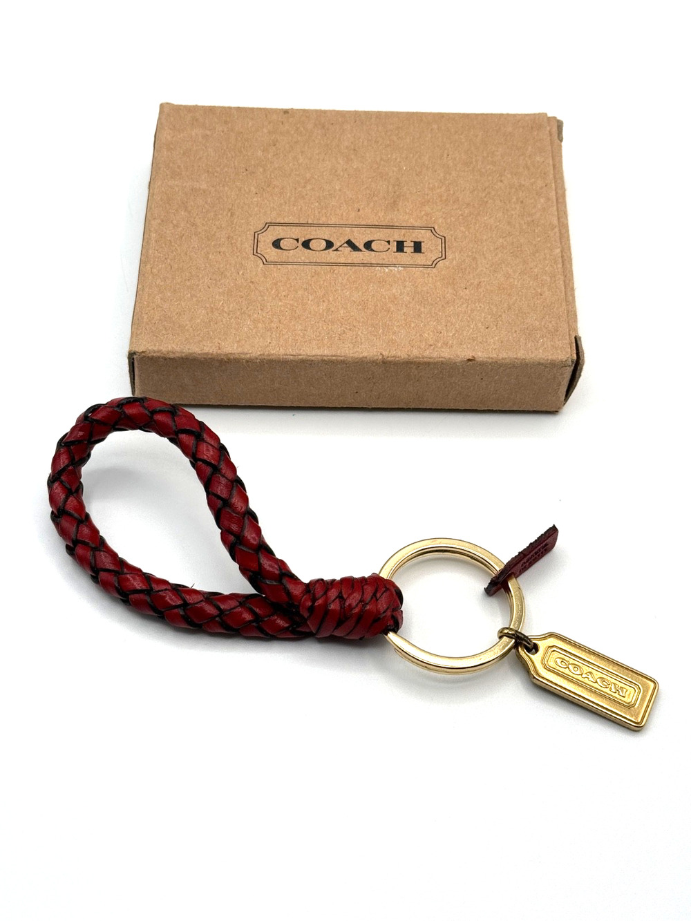 RARE Vintage Coach 7204 Red Braided Leather Loop Key Fob Keychain Box 1990s